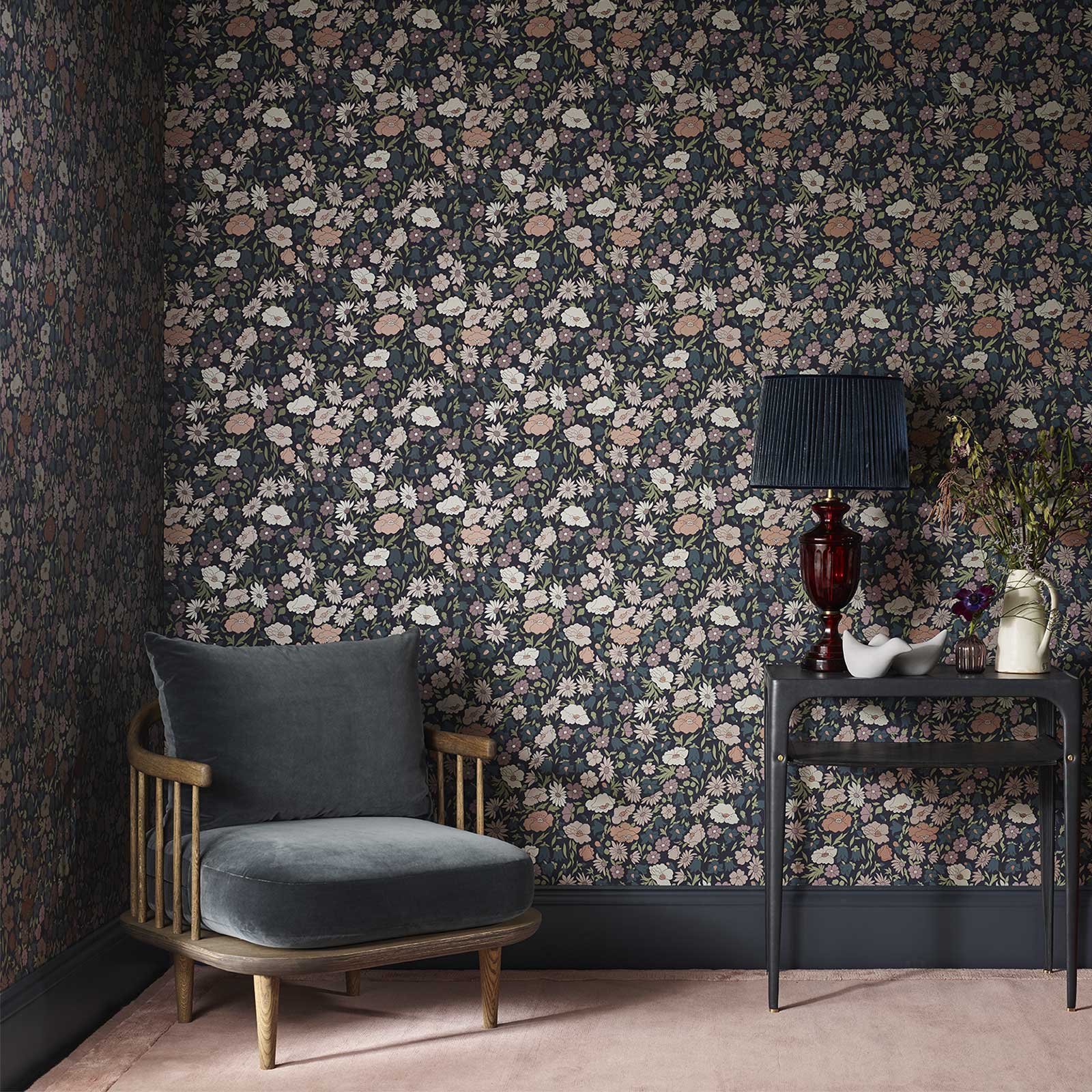 Liberty Interiors Wallpaper - Floribunda Pewter Blue Lifestyle Images